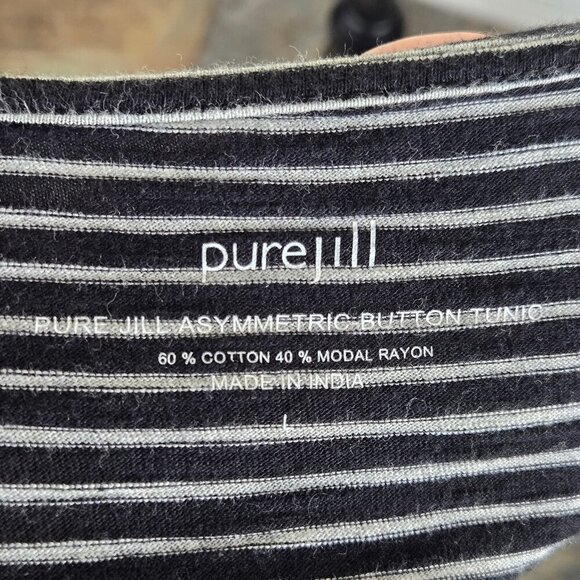 PureJill Size Large Black White Striped Asymmetric Button Tunic Top 3/4 Sleeves - Picture 6 of 8